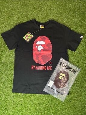 A Bathing Ape Black Tee with Red Camo Ape Logo